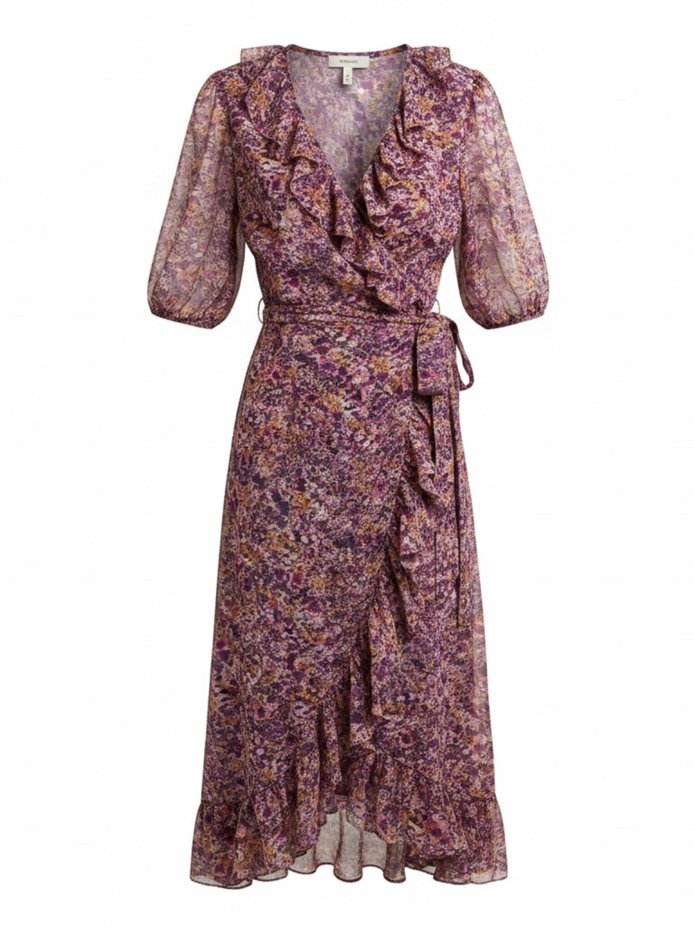 Julian Taylor Purple Floral Wrap Midi Dress with Ruffle Trim